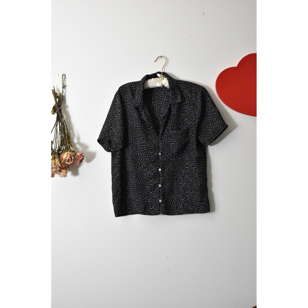 Lulus Womens Black White Polka Dot Short Sleeve Button Up Blouse Top Small